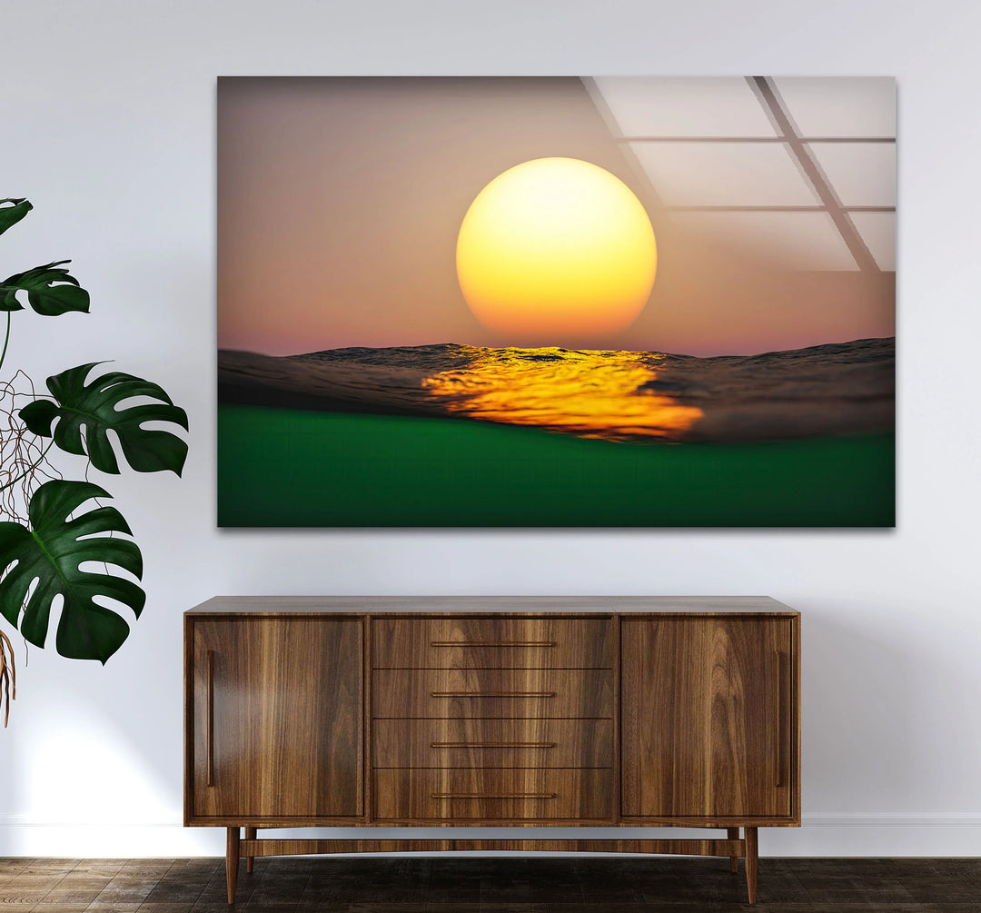 Golden Ocean Sunset Wall Art – Minimalist Sun over Water Glass Print for Modern Spaces - MyPhotoStation