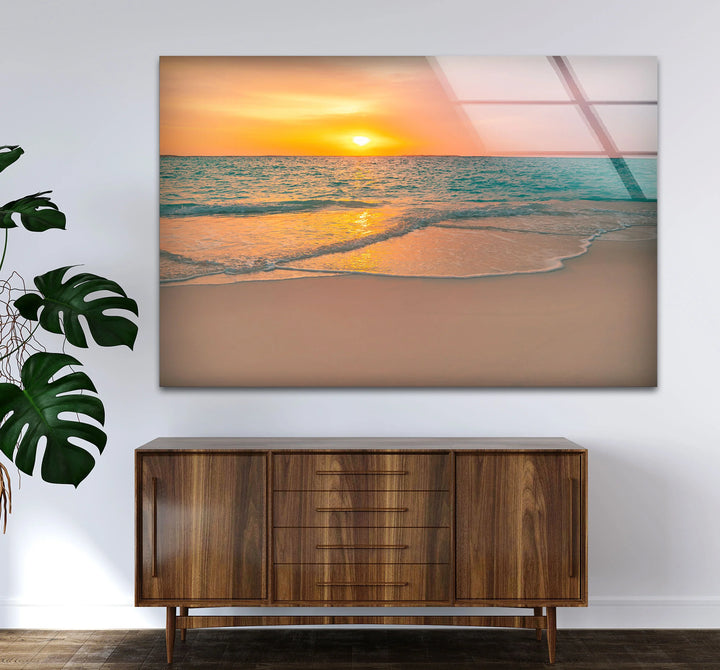 Tranquil Sunset Beach Wall Art – Coastal Ocean Waves with Soft Orange Glow - MyPhotoStation