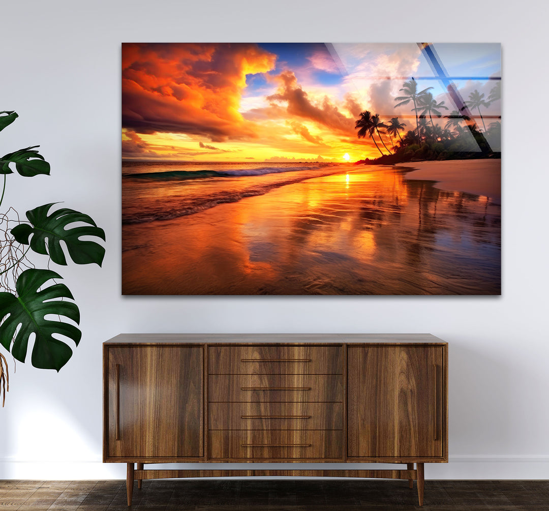 Fiery Tropical Sunset Wall Art – Vibrant Beach Reflection Glass Print for Bold Interiors