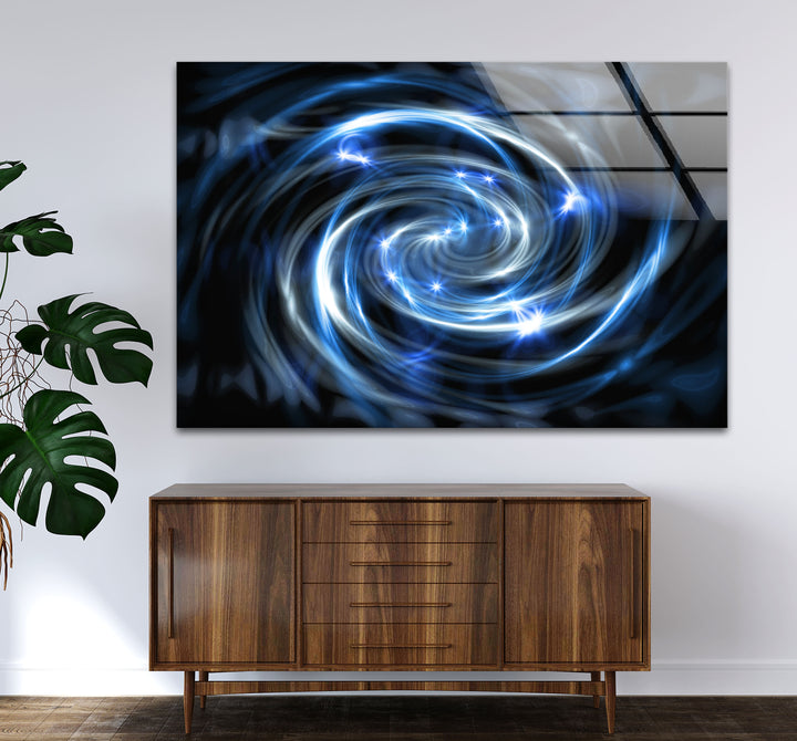 Spiralgalaxie-Wandkunst aus Glas – Blauer kosmischer Wirbel mit Sternenexplosionen