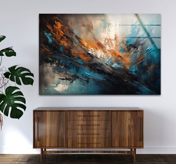Modern Abstract Brushstroke Glass Wall Art – Teal and Copper Splash Print