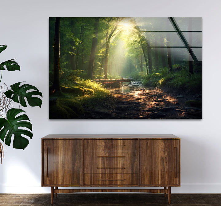 Sunlit Forest Stream Wall Art – Peaceful Nature Path Glass Print for Calming Decor