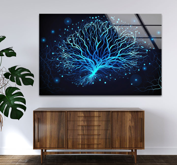 Neural Tree Wandkunst – Futuristischer blauer Nervenmuster-Glasdruck für elegante Innenräume
