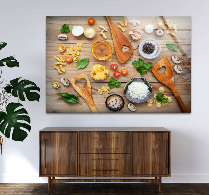 Rustic Italian Kitchen Wall Art – Culinary Glass Print Featuring Pasta, Spices & Wooden Utensils