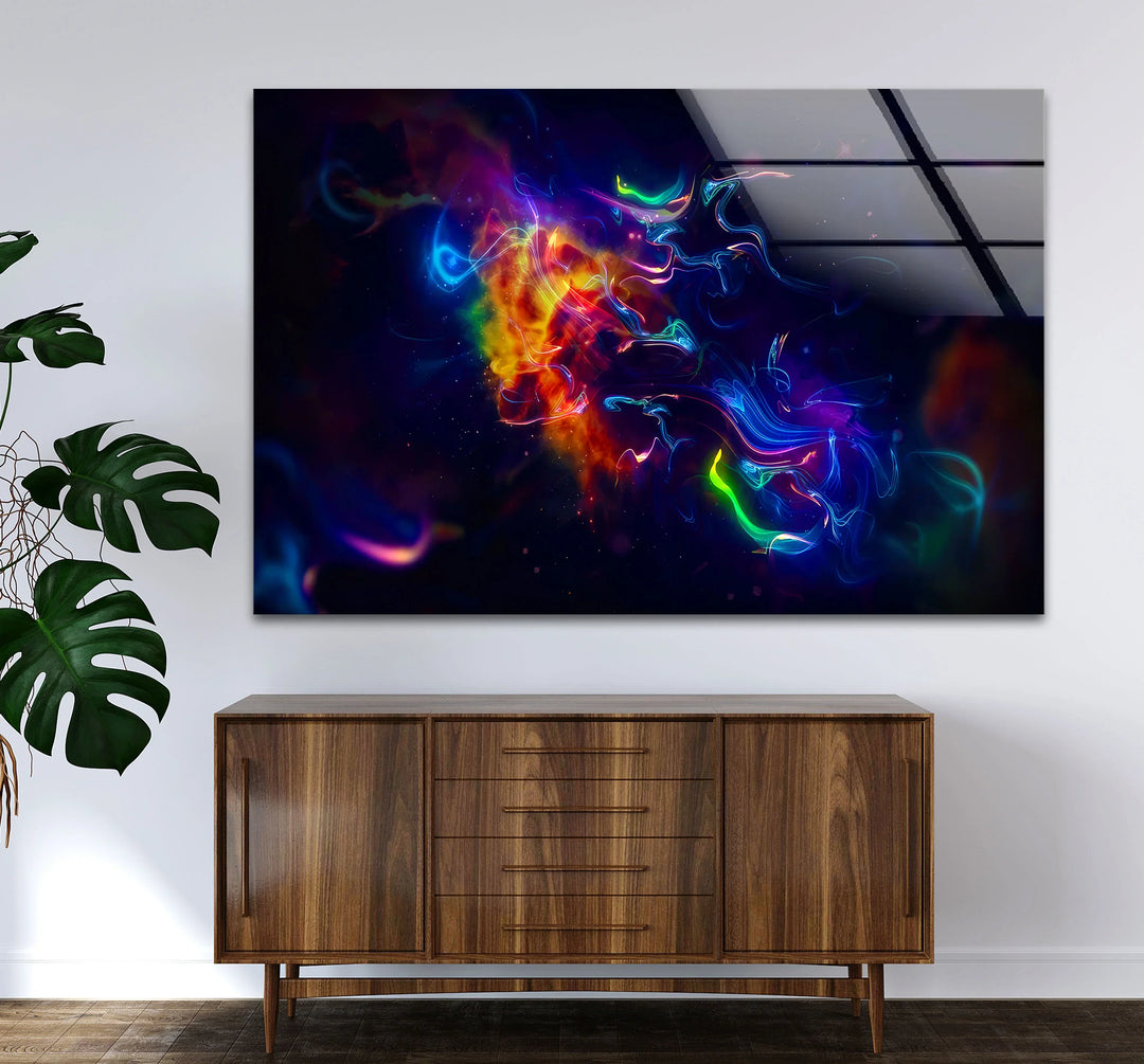 Cosmic Light Burst Wall Art – Abstract Neon Energy Print on Glass - MyPhotoStation