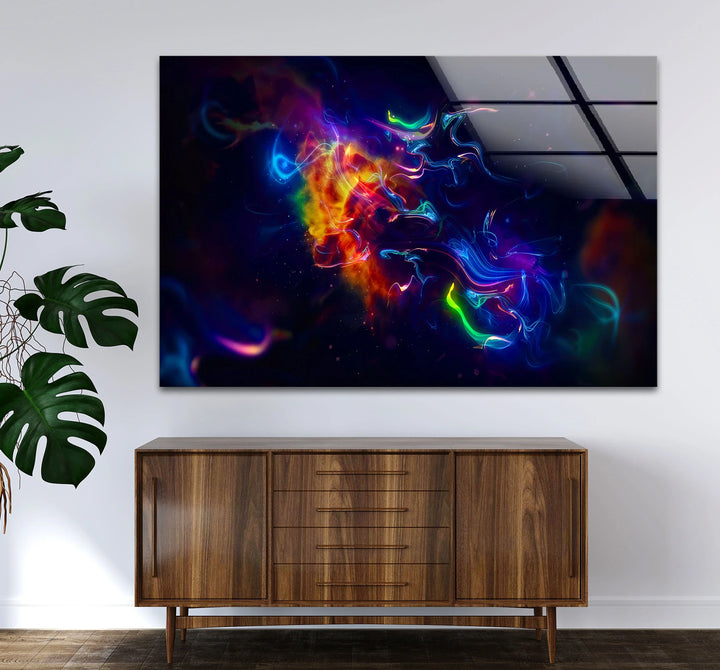 Cosmic Light Burst Wall Art – Abstract Neon Energy Print on Glass - MyPhotoStation