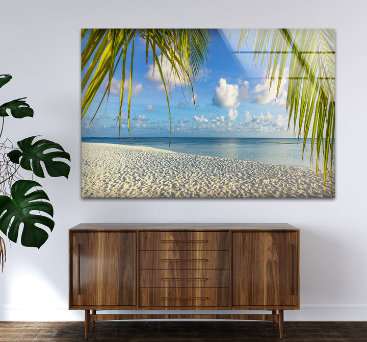 Tropical Palm Beach Wall Art – White Sand and Ocean Glass Print for Coastal Decor
