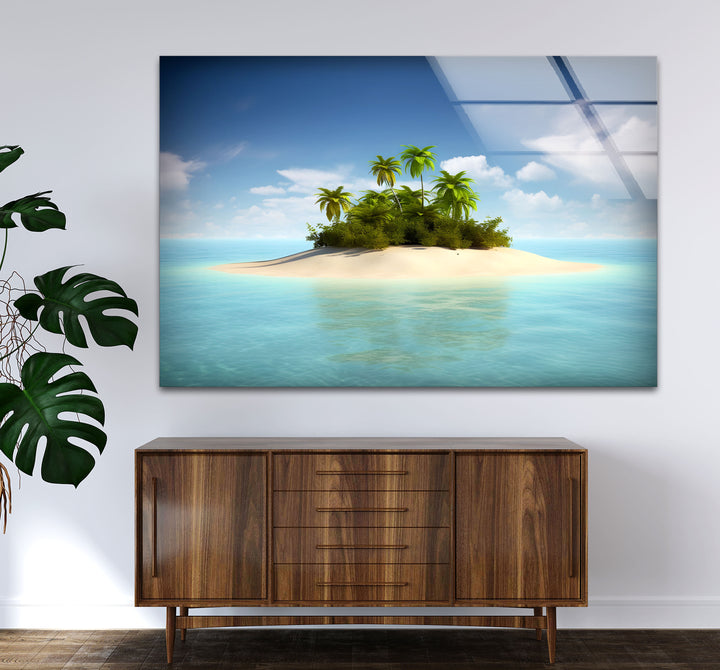 Tropical Island Escape Wall Art – Serene Beach Glass Print for Relaxing Interiors