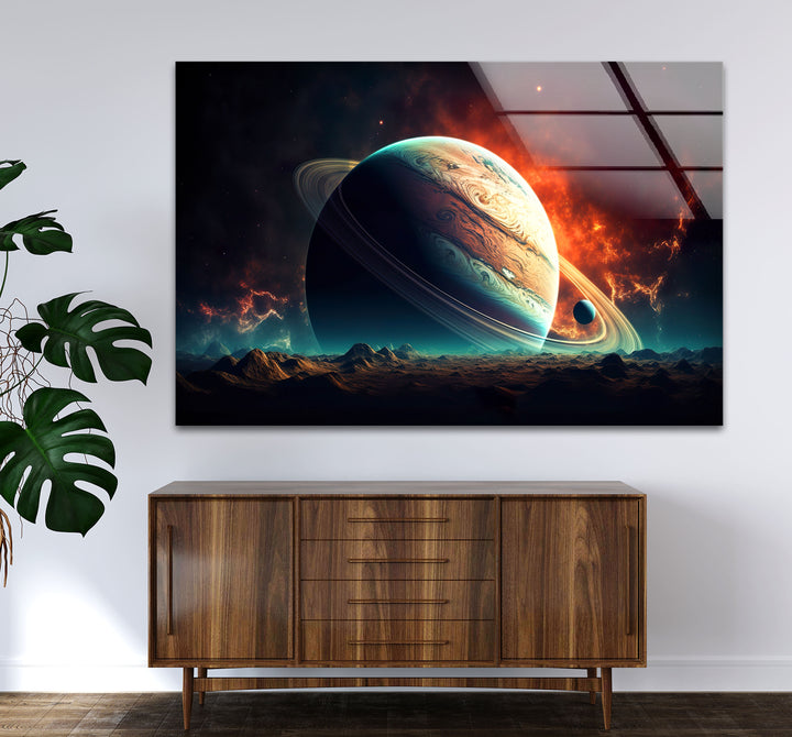 Saturn über fremdem Horizont – Planetenlandschaft, Glaswandkunst 