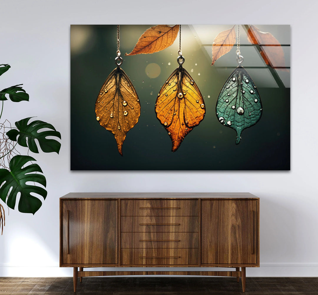 Autumn Dew Leaf Wall Art – Elegant Nature-Inspired Print with Golden & Teal Hues - MyPhotoStation