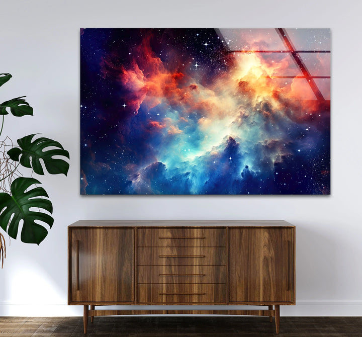 Nebula Galaxy Wall Art – Cosmic Cloud Glass Print with Vibrant Blue & Red Starburst for Futuristic Space-Inspired Decor - MyPhotoStation