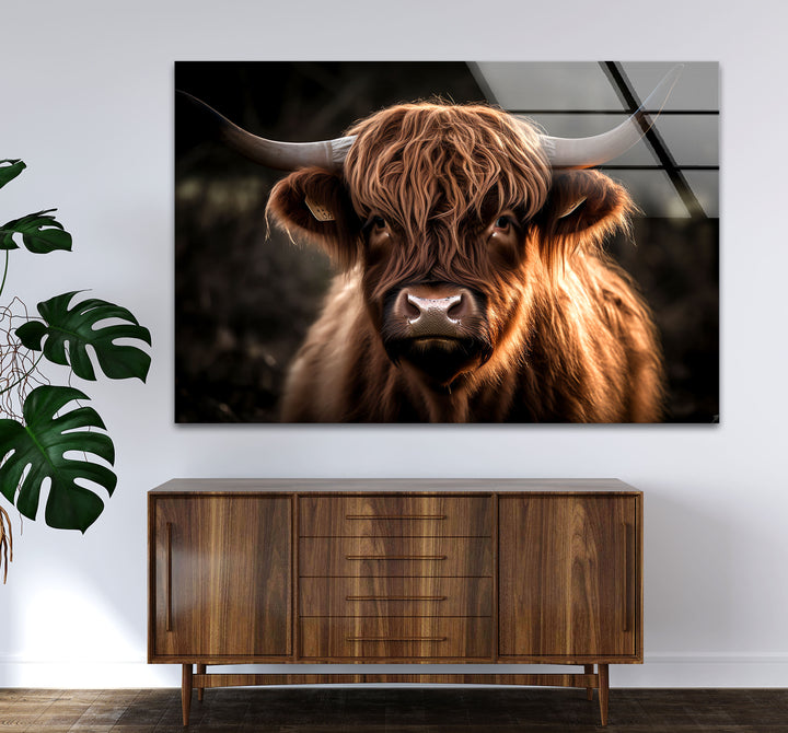 Highland Cow Wall Art – Rustic Brown Longhorn Glass Print Décor