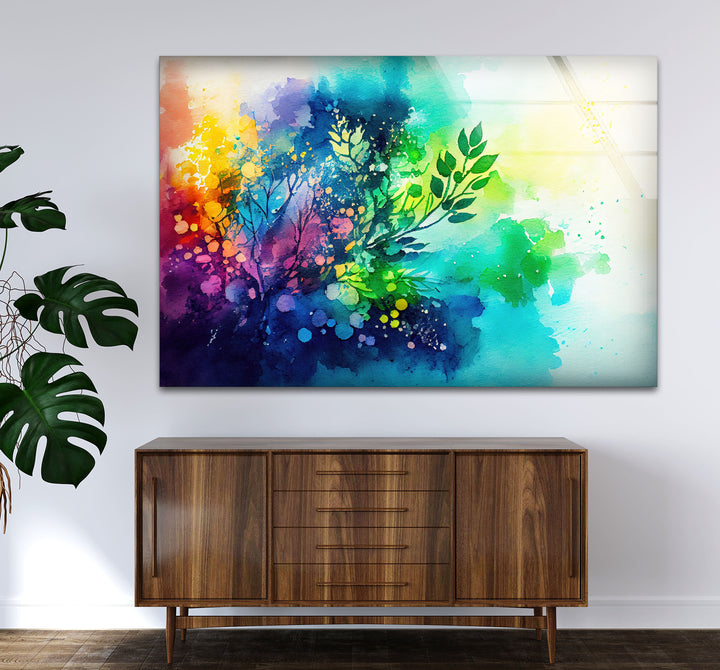 Vibrant Botanical Splash Wall Art – Colorful Nature-Inspired Glass Print for Creative Spaces