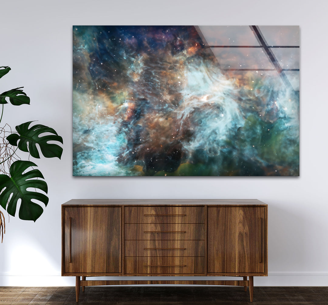 Wandkunst mit kosmischen Nebeln – Ätherischer Glasdruck aus den Tiefen des Weltraums für elegante Innenräume