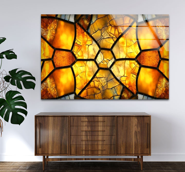 Golden Honeycomb Glass Wall Art – Amber Mosaic Geometric Decor
