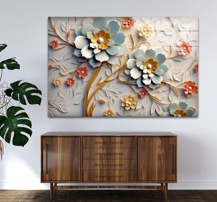 3D-Wandkunst mit blühenden Blumen – Eleganter Blumendruck aus geprägtem Glas 
