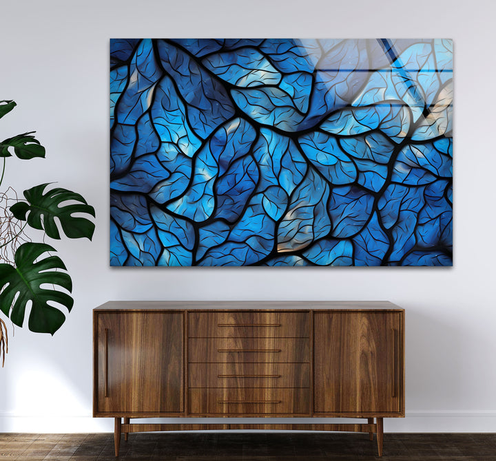 Blaues Blattmosaik-Wandbild – Abstrakter Naturglasdruck für modernes Dekor