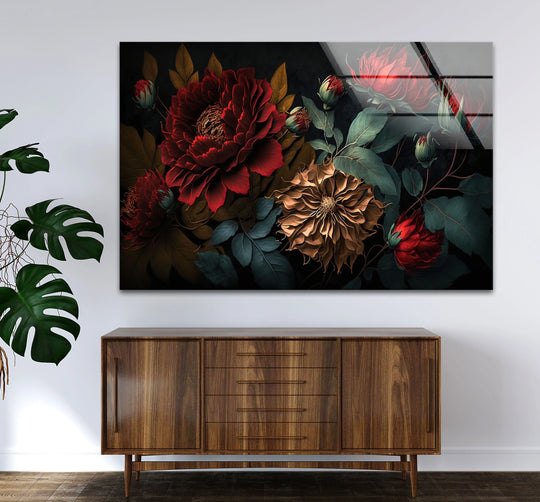 The focal point showcases the dark floral elegance wall art, a vibrant botanical glass print that serves as captivating hanging wall art.