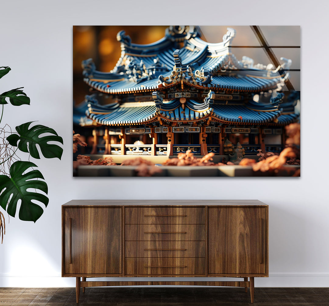 Traditional Asian Temple Wall Art – Blue Pagoda Architecture Glass Print for Cultural Decor