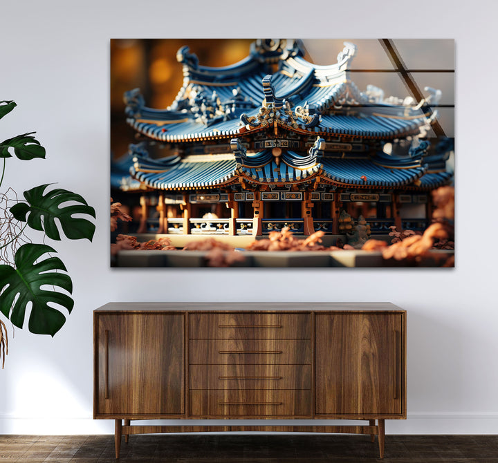 Traditional Asian Temple Wall Art – Blue Pagoda Architecture Glass Print for Cultural Decor