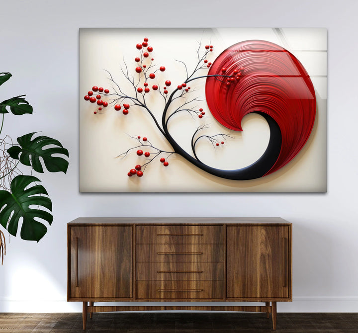 Red Abstract Botanical Wall Art – Modern Glass Decor with Cherry Elements - MyPhotoStation