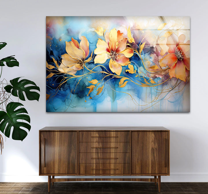 Golden Floral Fantasy Wall Art – Abstract Blue and Yellow Flower Glass Print for Elegant Interiors - MyPhotoStation