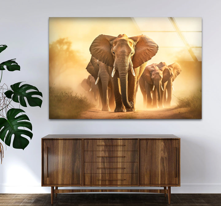 Elephant Herd Safari Wall Art – Majestic Wildlife Glass Print for Bold Natural Decor - MyPhotoStation