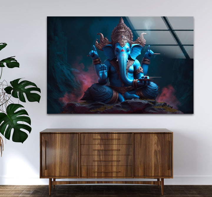Blaue Ganesha-Wandkunst – Göttliche Hindu-Gottheit – Glasdruck für spirituelles Dekor 