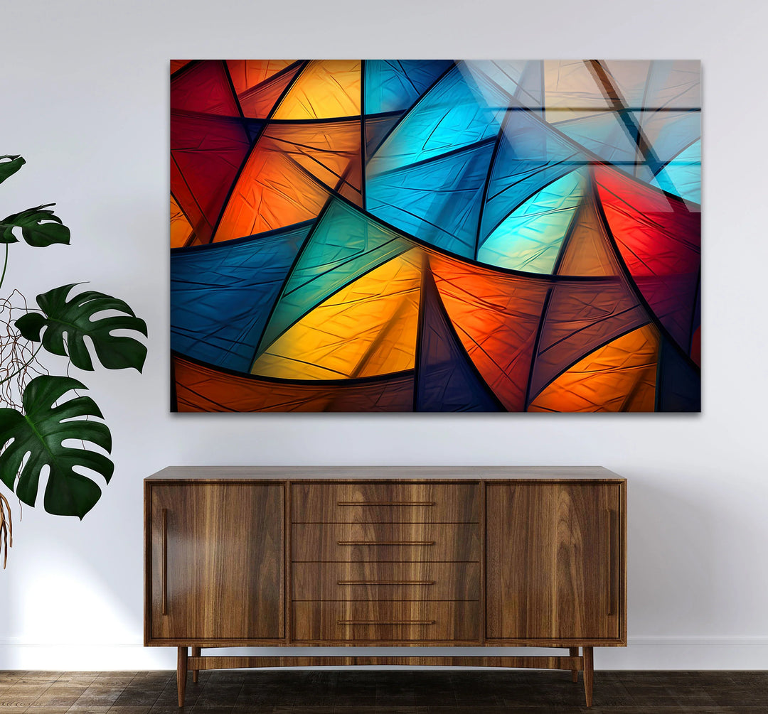Colorful Abstract Geometric Glass Wall Art – Bold Triangle Pattern Decor - MyPhotoStation