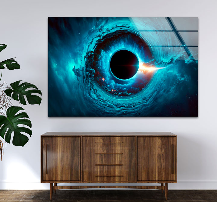 Wandkunst mit kosmischem schwarzen Loch – Blaues Wirbel-Galaxie-Glasdruckdekor 