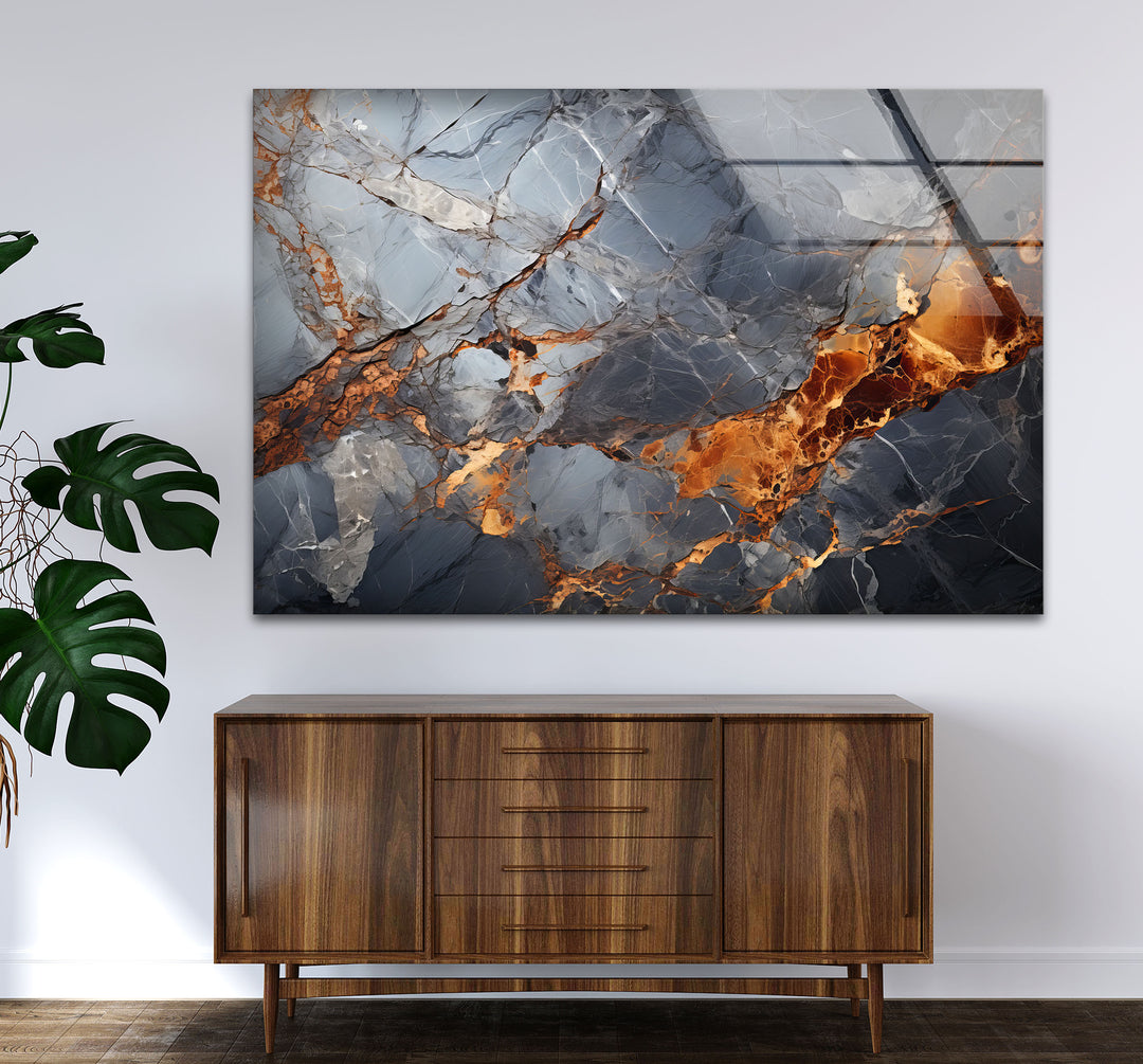 Fiery Blue Marble Glass Wall Art – Abstract Stone Texture Print