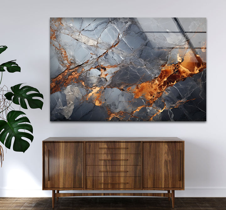 Fiery Blue Marble Glass Wall Art – Abstract Stone Texture Print