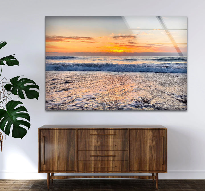 Golden Horizon Ocean Wall Art – Peaceful Sunset Beach Scene Glass Print - MyPhotoStation