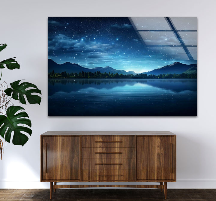 Starry Night Lake Wall Art – Tranquil Mountain Reflection Glass Print for Interior Elegance