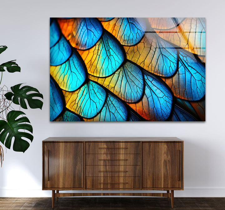 Blue Gold Leaf Texture Wall Art – Abstract Nature Pattern Glass Print