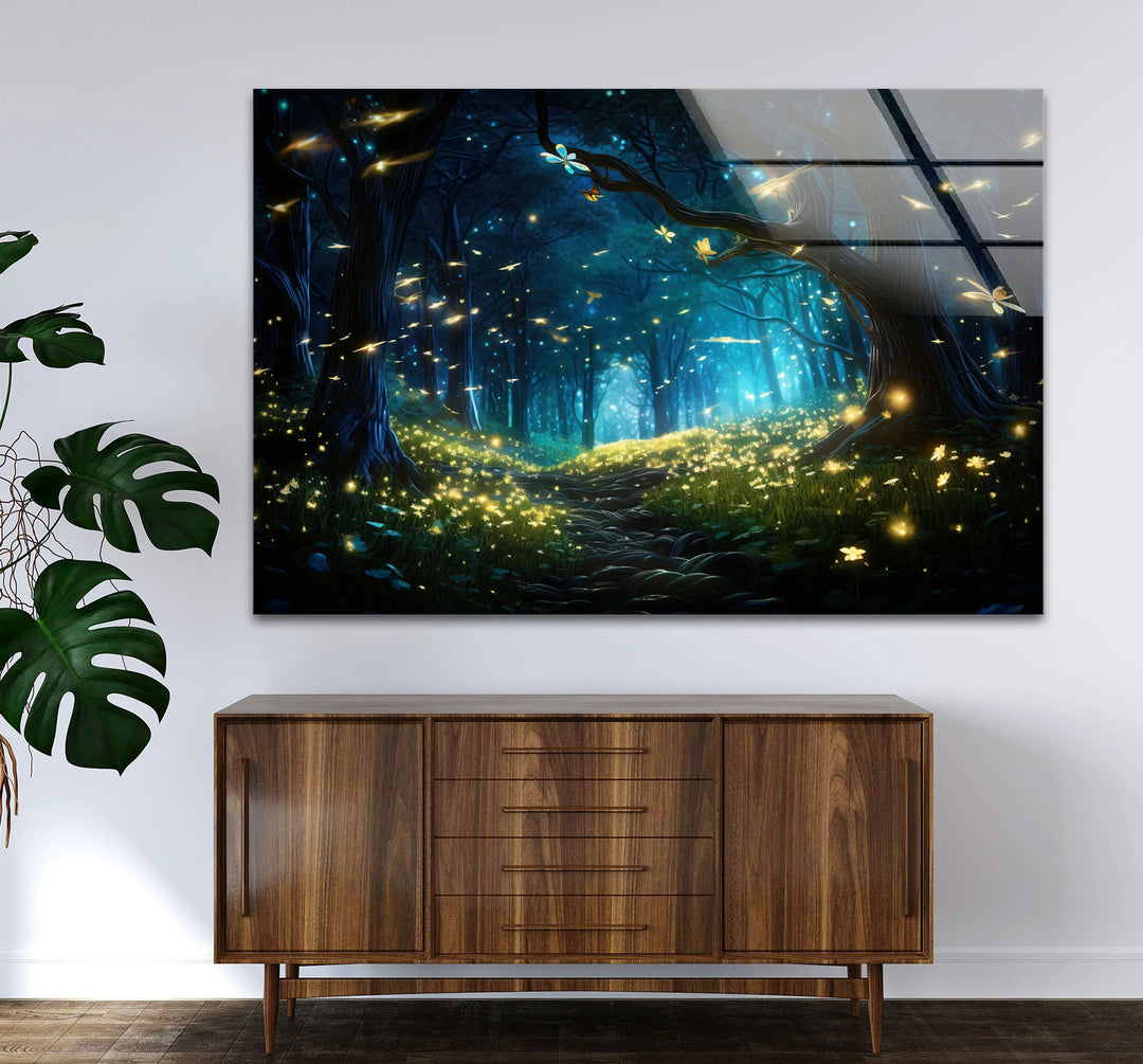 Enchanted Firefly Forest Wall Art – Magical Night Path Glass Print for Fantasy Decor - MyPhotoStation