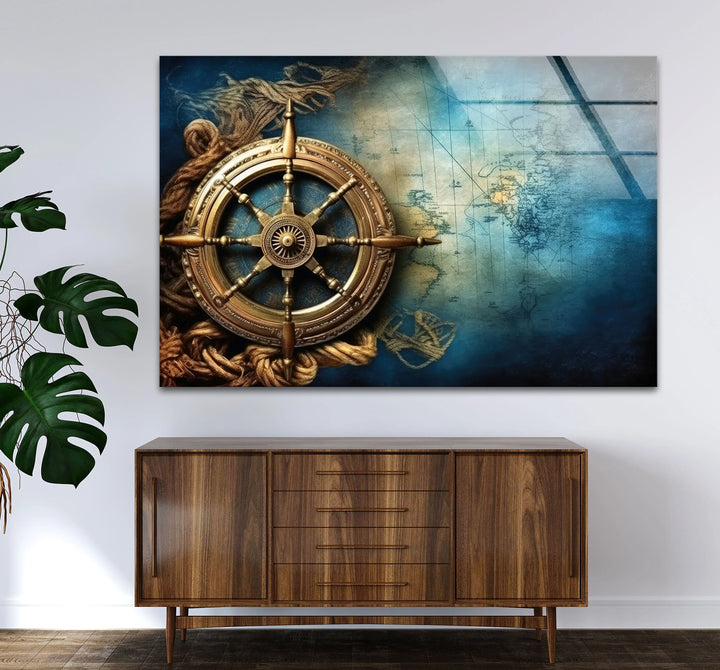 Nautical Compass Wall Art – Vintage Ocean Map Glass Print for Interior Elegance - MyPhotoStation