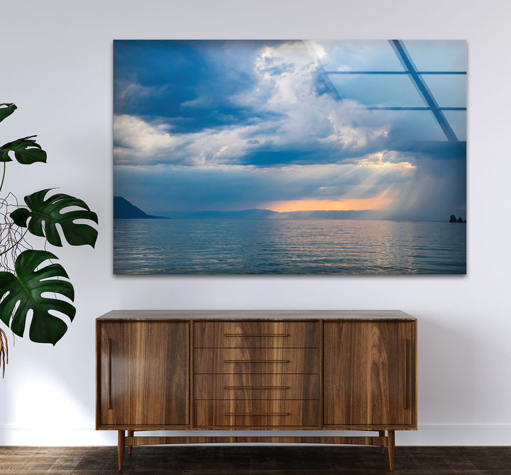 Stormy Ocean Sunset Wall Art – Moody Sea Glass Print with Sunlight Rays