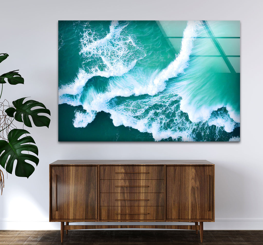 Ocean Wave Aerial Wall Art – Turquoise Sea Glass Print for Modern Decor