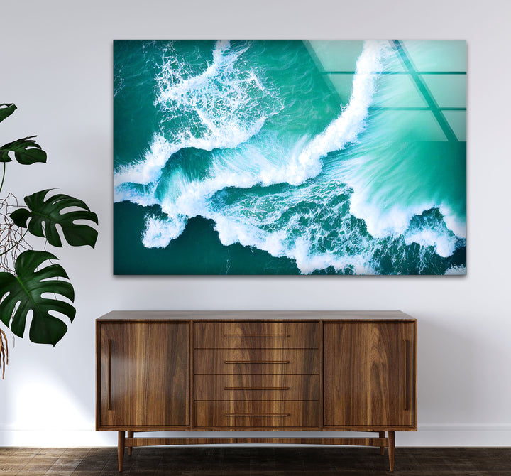 Ocean Wave Aerial Wall Art – Turquoise Sea Glass Print for Modern Decor