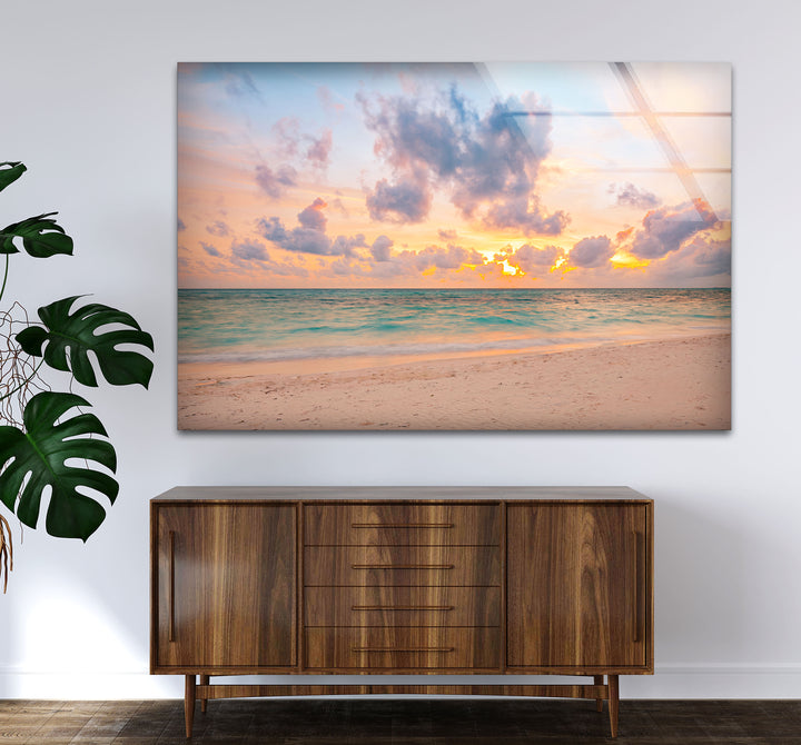 Pastel Beach Sunset Wall Art – Tranquil Ocean Shoreline Glass Print for Calm Spaces