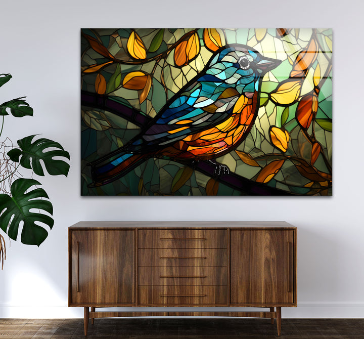 Stained Glass Bird Wall Art – Colorful Songbird on Branch, Nature-Inspired Decor