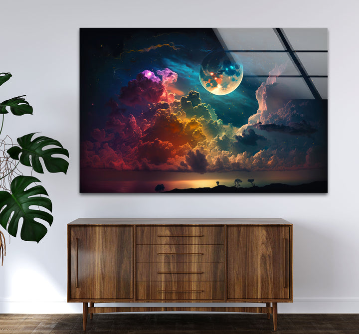Verträumte Mondaufgang-Wandkunst – Fantasy-Himmel und Wolken-Glasdruck