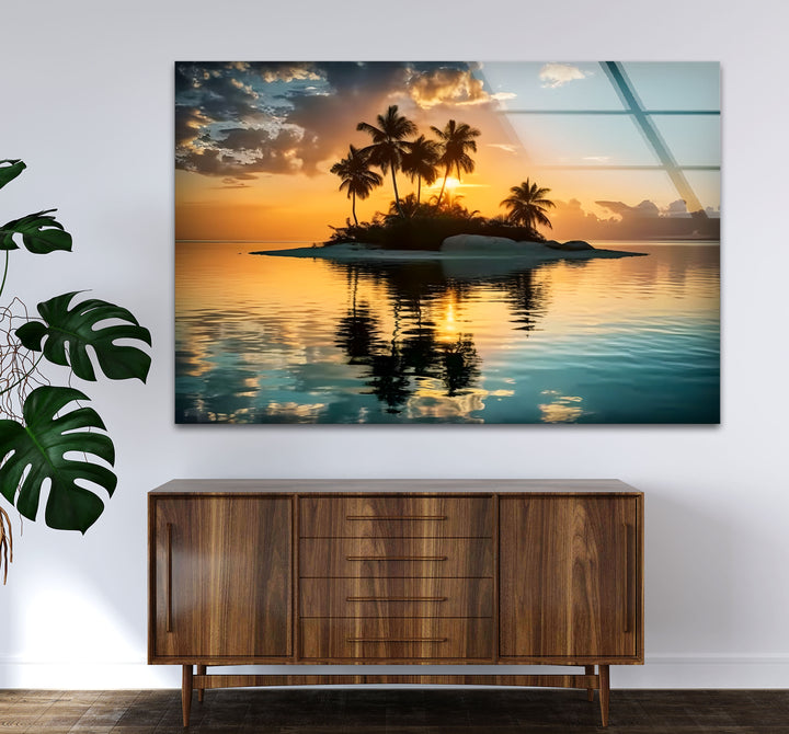 Tropical Island Sunset Wall Art – Serene Beach Glass Print for Relaxing Interiors