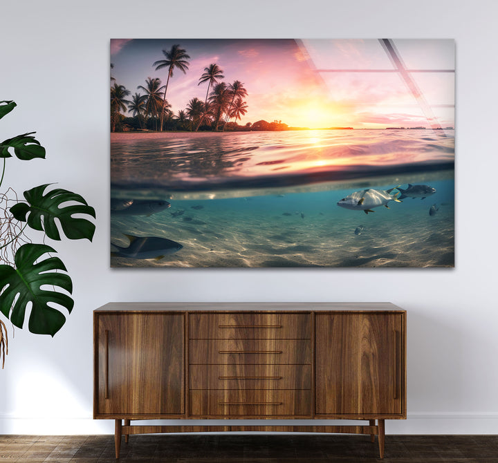 Tropical Ocean Split View Wall Art – Sunset and Underwater Scene Glass Print