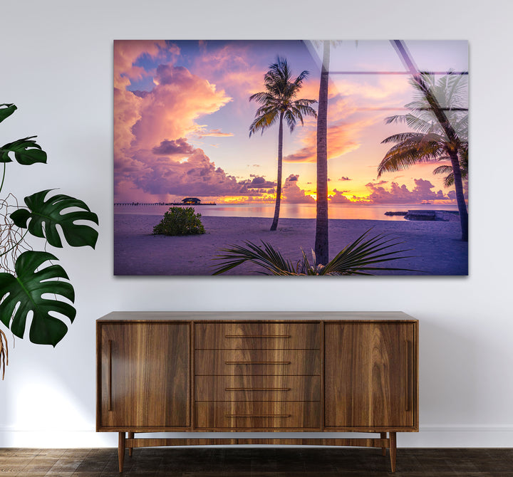 Tropical Sunset Beach Wall Art – Vibrant Palm Tree Ocean Scene Glass Print for Relaxing Home Decor