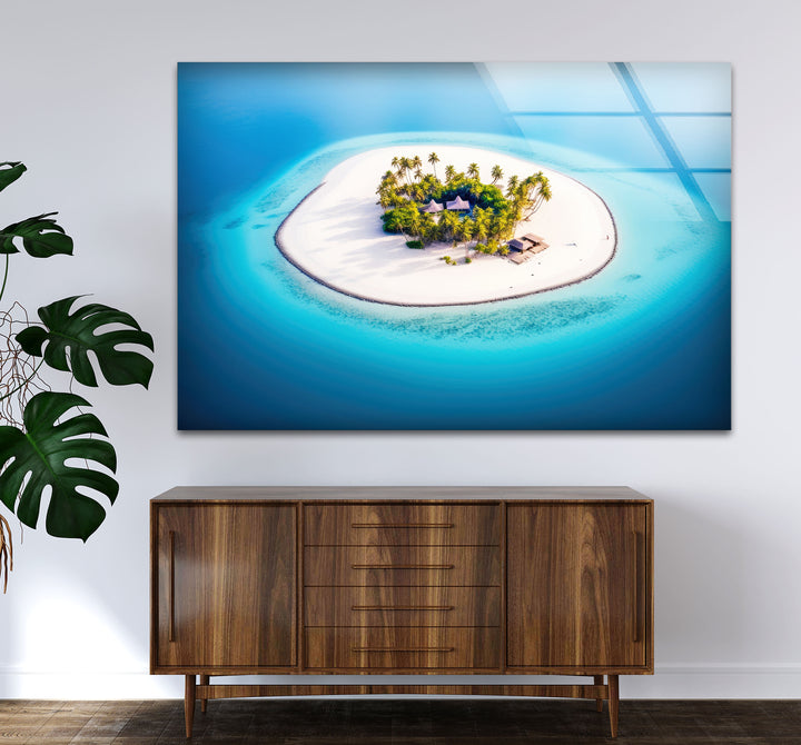 Tropical Island Wall Art – Aerial Beach Paradise Glass Print for Coastal Interiors