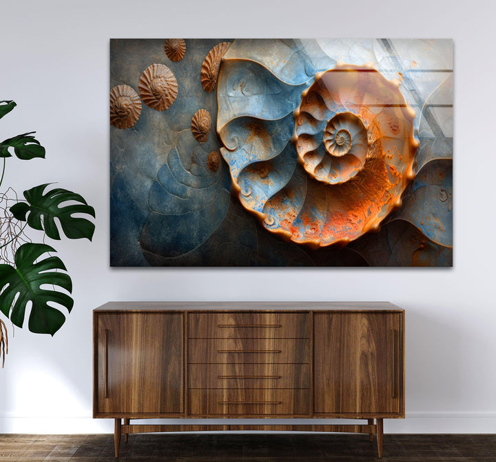 Wanddekoration aus Glas mit Fossilienmuscheln