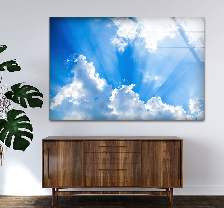 Heavenly Sky Light Rays Wall Art – Blue Cloudscape Glass Print for Uplifting Decor