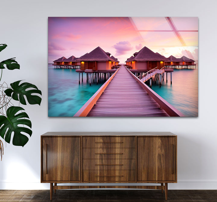 Maldives Sunset Resort Wall Art – Tropical Overwater Bungalows Glass Print Decor